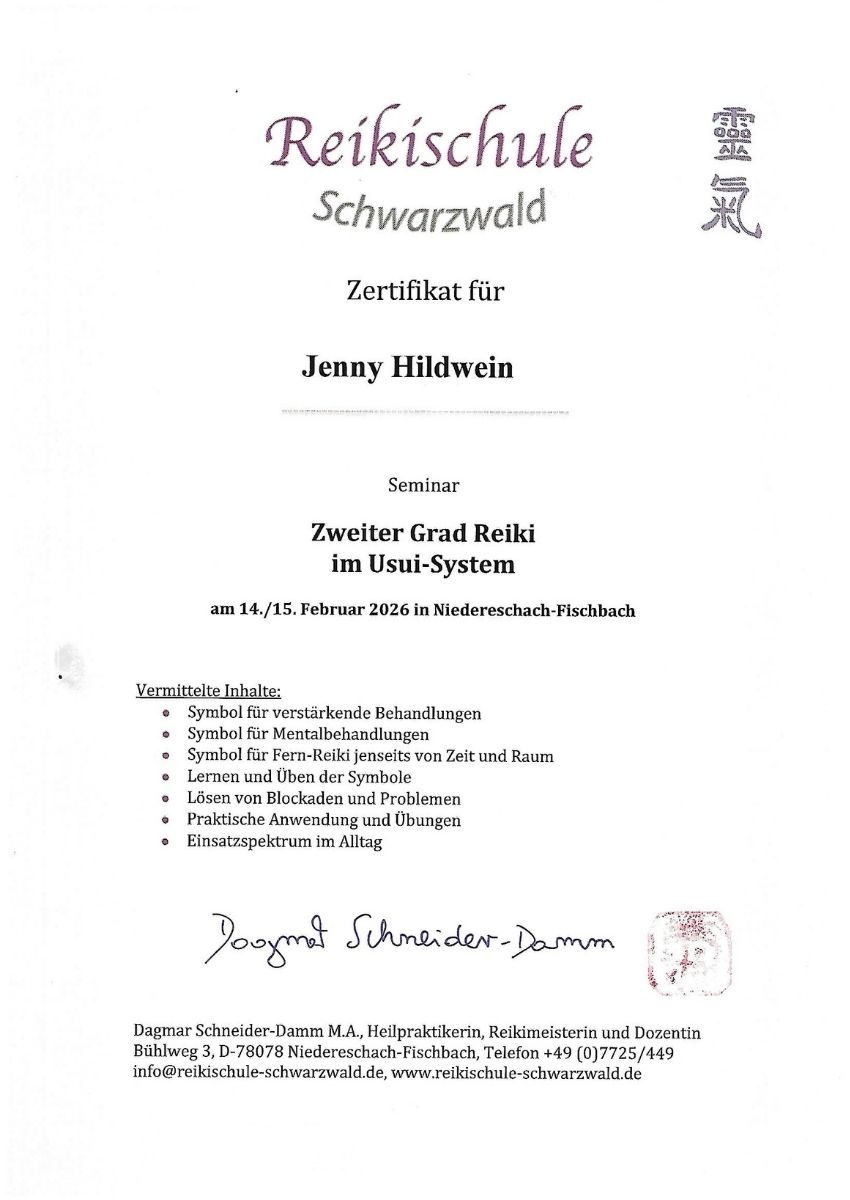 Reiki Urkunde 2. Grad – Jenny